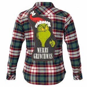 The Grinch "Merry Grinchmas" Upcycled Flannel Shirt (Women's L)